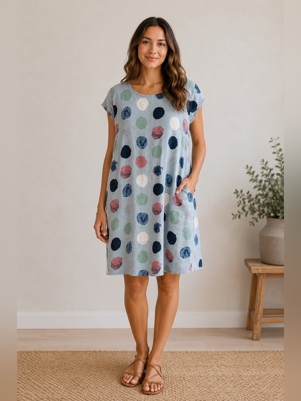 Made in Italy 100% Linen Polka Dot Tunic Dress Top Blue OS